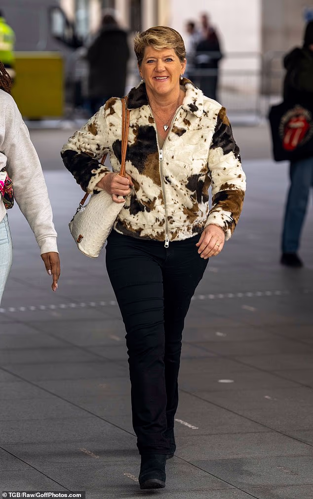 Clare Balding donned a full face of makeup as she strolled through the outside of BBC HQ