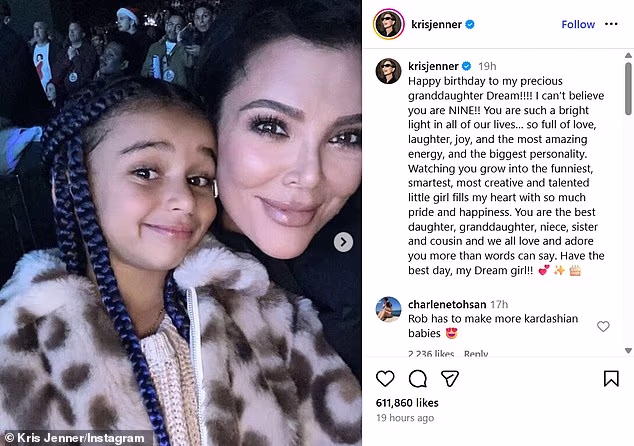 Also wishing Dream a happy birthday was her grand-momager Kris Jenner, who called her 'precious' and 'such a bright light in all of our lives'