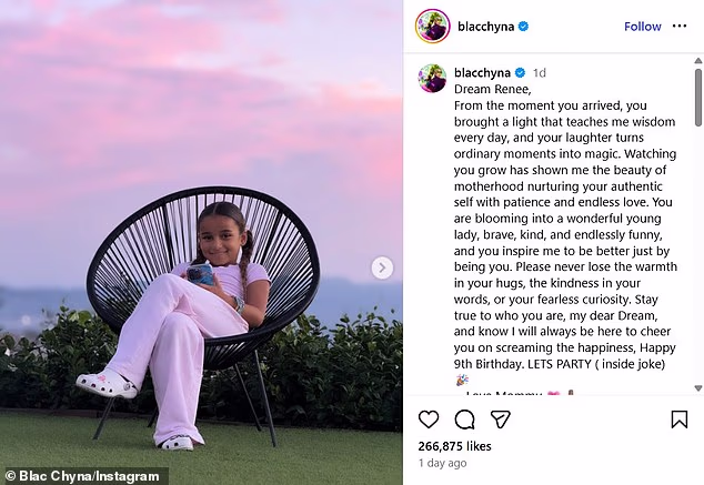 Chyna wrote on Instagram Monday: 'From the moment you arrived, you brought a light that teaches me wisdom every day, and your laughter turns ordinary moments into magic. Watching you grow has shown me the beauty of motherhood nurturing your authentic self with patience and endless love'